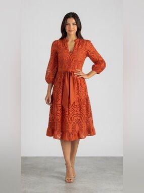 Shoshanna Pia Tiered Blouson-sleeve Eyelet Dress In Persimmon